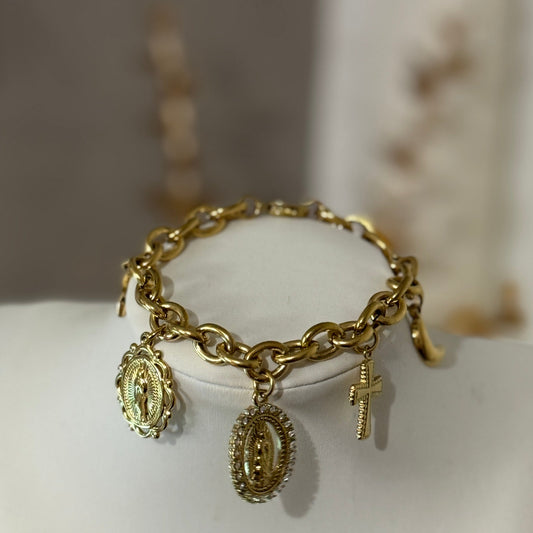 SAINT - Bracelet en acier Inoxydable doré et gros pendentifs