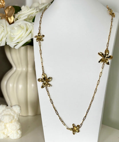 MAELINE - Collier sautoir en acier Inoxydable et fleurs dorées
