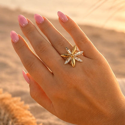TYCIA - Bague fleur en acier inoxydable doré à l'or fin et strass