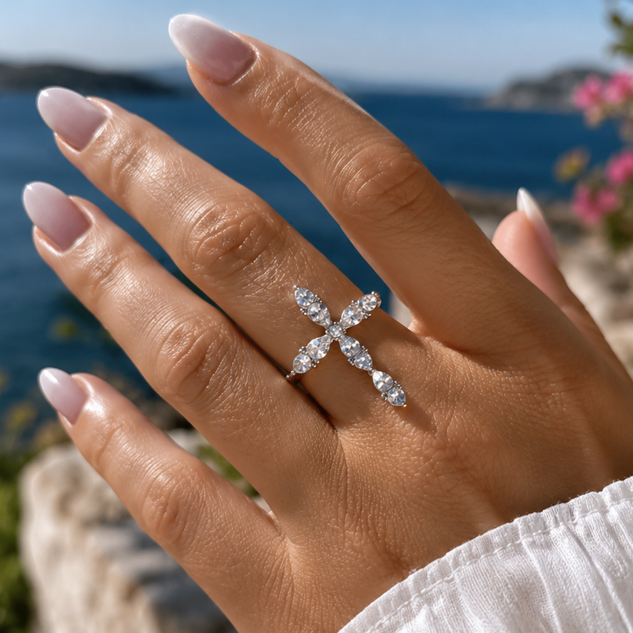 CROSS - Bague croix en acier inoxydable argenté et strass