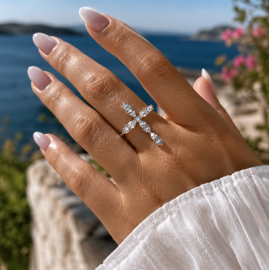 CROSS - Bague croix en acier inoxydable argenté et strass