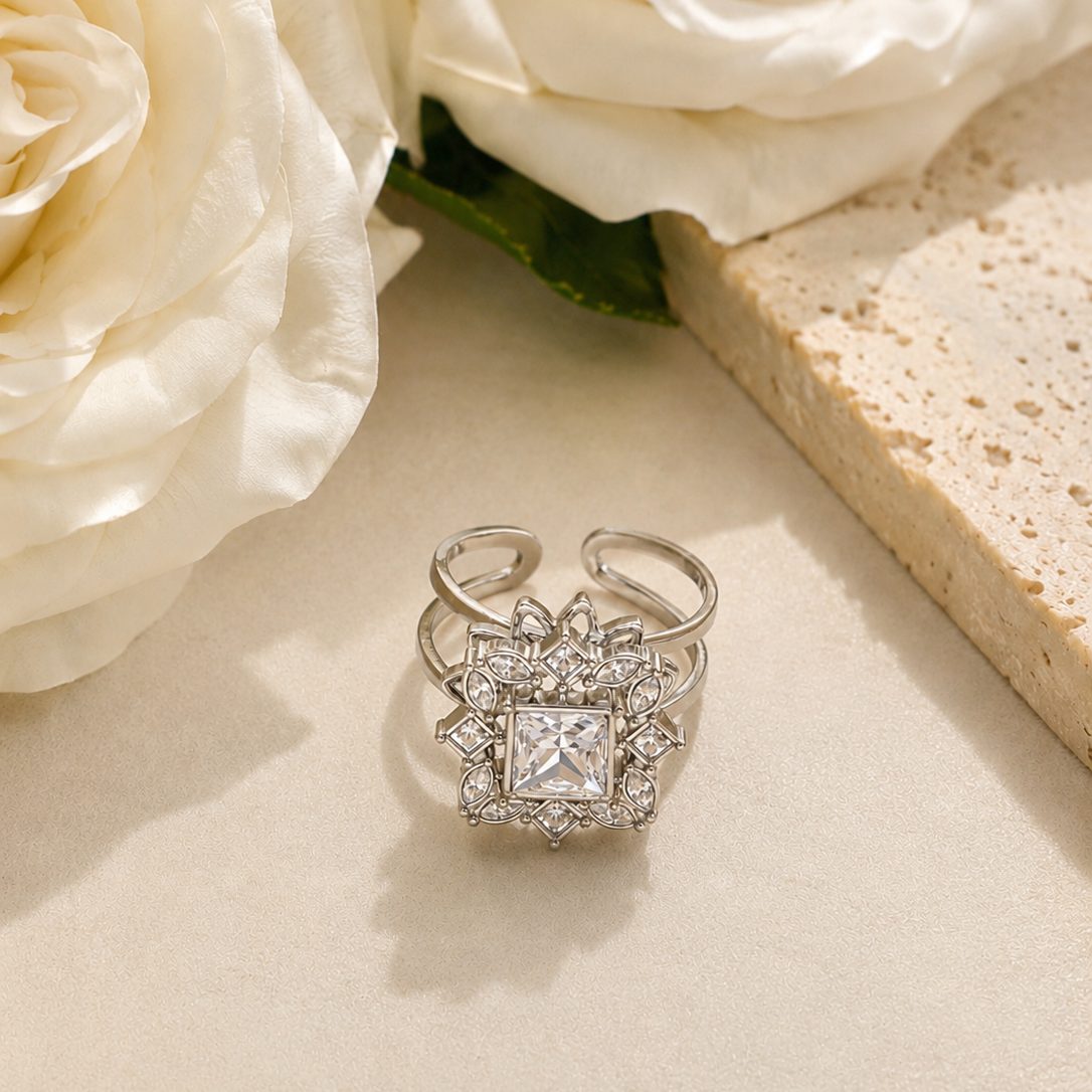 LISE - Bague anti-stress en acier Inoxydable argenté et strass - tournante