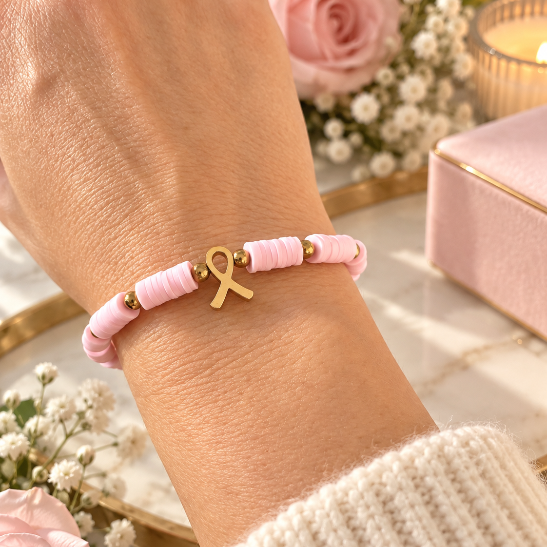 HEISHI ROSE GOLD – Bracelet solidaire Octobre Rose en acier inoxydable et perles roses