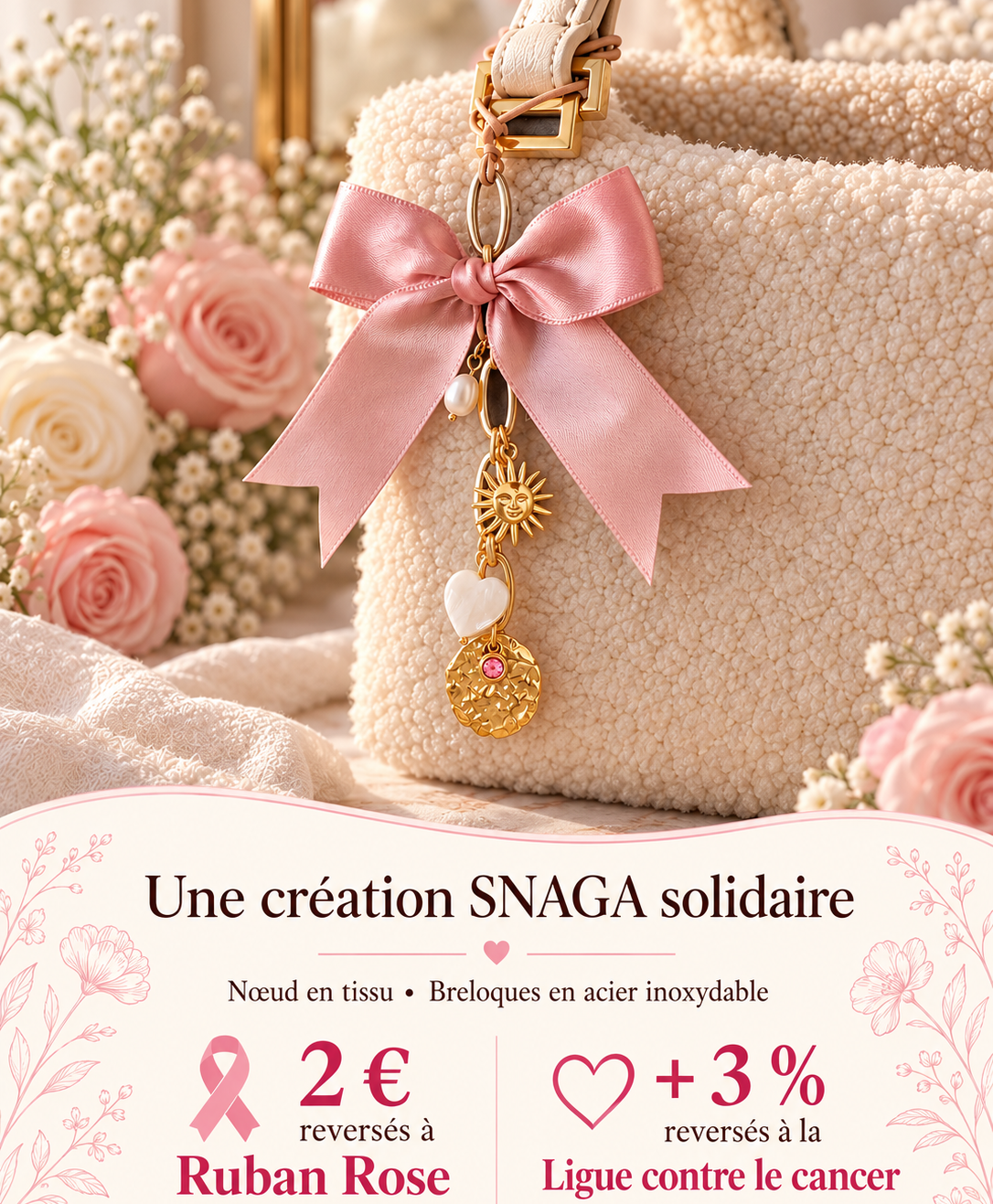 ROSE BONHEUR – Porte-clés création unique SNAGA avec nœud rose poudré et breloques dorées, à accrocher à tes clés ou à ton sac