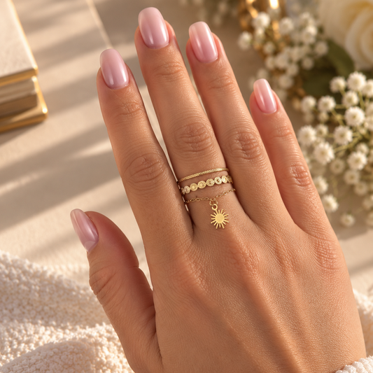 SOLAIRE – Bague chaîne en acier inoxydable doré avec pendentif soleil