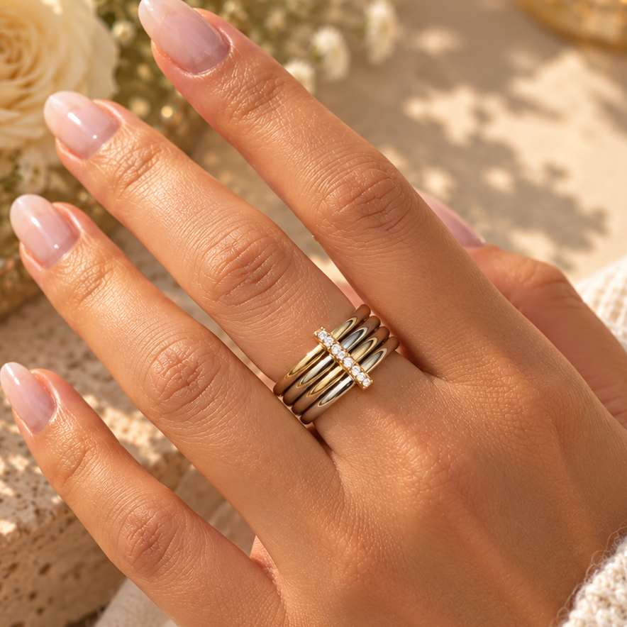 OCTAVIE – Bague multi-anneaux en acier inoxydable doré et argenté avec strass