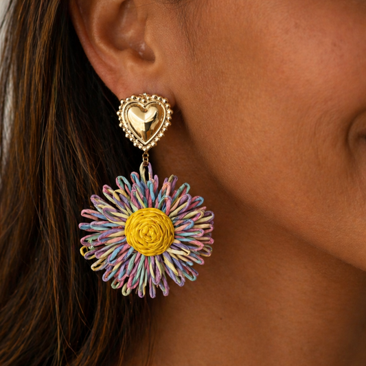 ROMINA – Boucles d’oreilles cœur et fleur multicolore en acier inoxydable doré