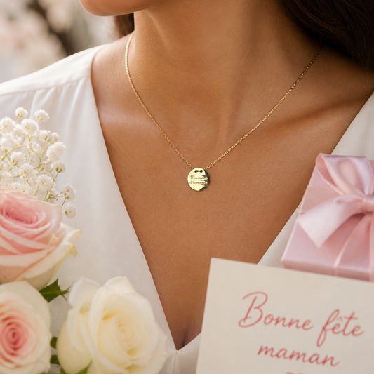 MAMAN D’AMOUR - Collier en acier inoxydable doré médaille gravée