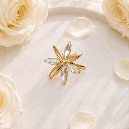 TYCIA - Bague fleur en acier inoxydable doré à l'or fin et strass