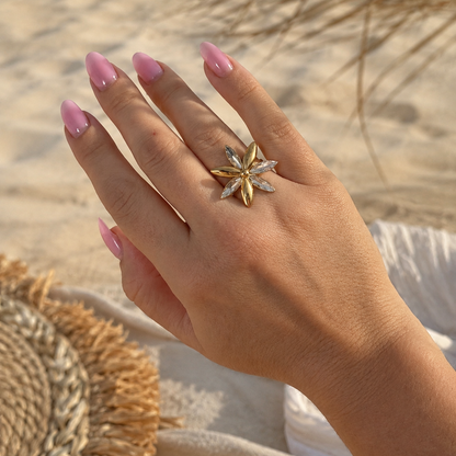 TYCIA - Bague fleur en acier inoxydable doré à l'or fin et strass