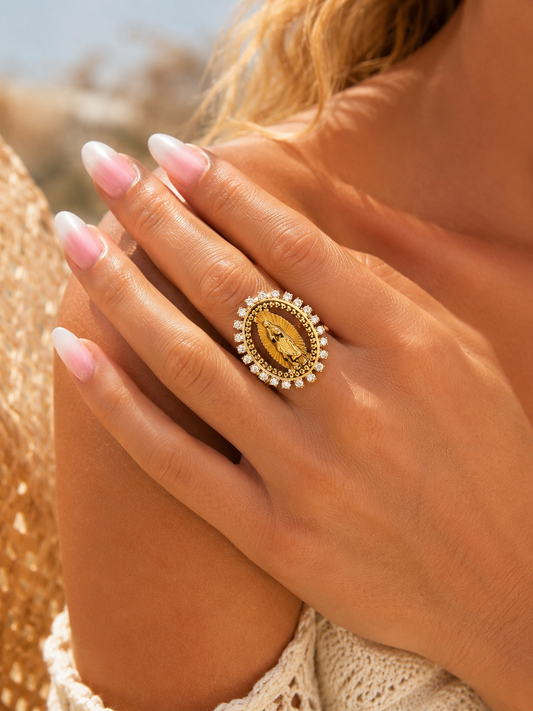 SAINT - Bague en acier inoxydable doré et strass