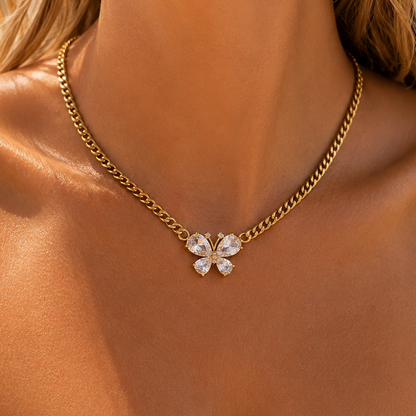 JOHANNA - Collier chaine en acier inoxydable doré et papillon en strass