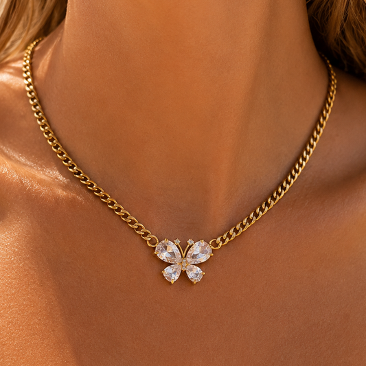 JOHANNA - Collier chaine en acier inoxydable doré et papillon en strass