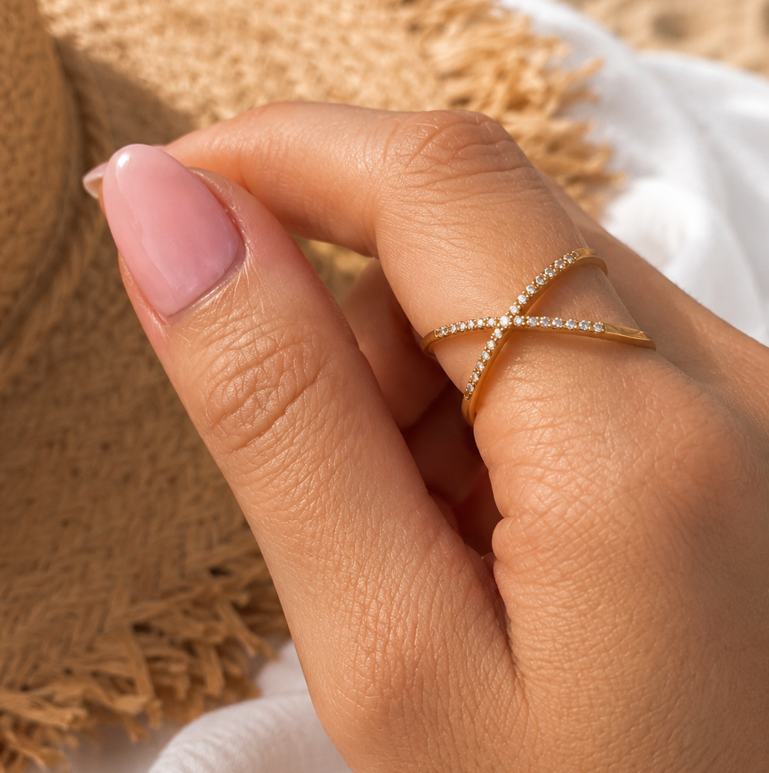 ANDREA - Bague croisée réglable en acier Inoxydable doré et strass