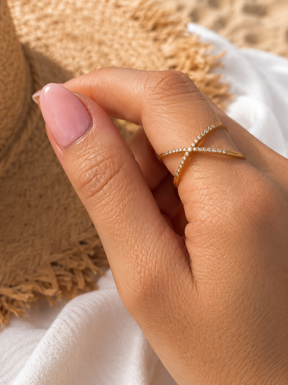 ANDREA - Bague croisée réglable en acier Inoxydable doré et strass