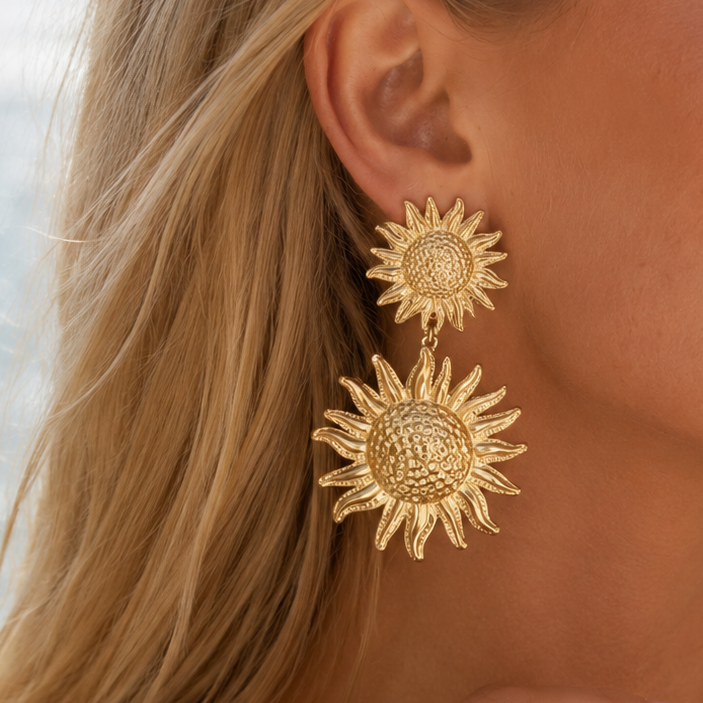 TOURNESOL - Boucles d’oreilles pendantes en acier inoxydable doré - motif tournesol