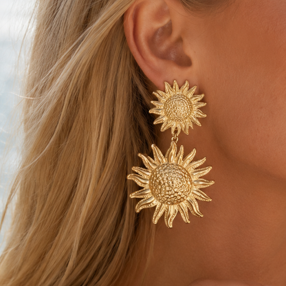 TOURNESOL - Boucles d’oreilles pendantes en acier inoxydable doré - motif tournesol
