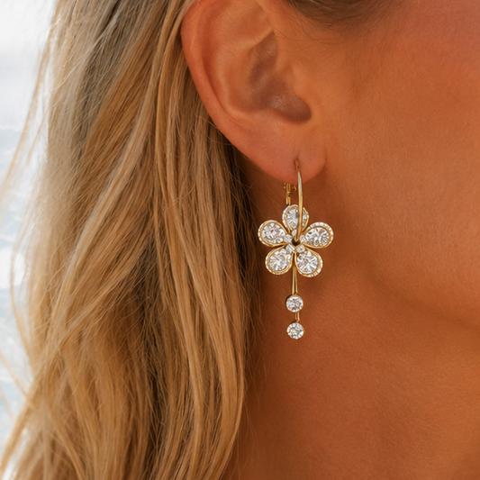IRIS - Boucles d’oreilles modulables en acier inoxydable doré, fleurs et strass