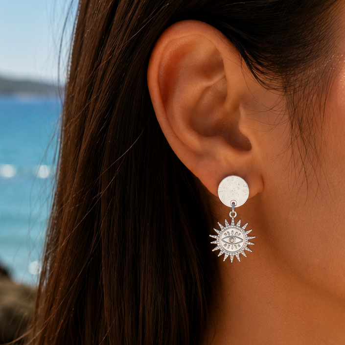 SOLINE - Boucles d’oreilles en acier inoxydable argenté - Œil Soleil