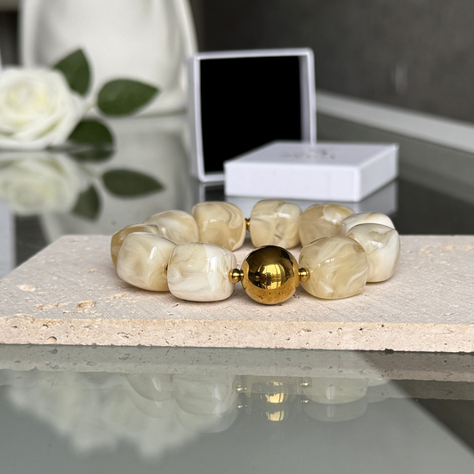 BLANCHE - Bracelet en perles acrylique et acier Inoxydable Doré – effet marbré