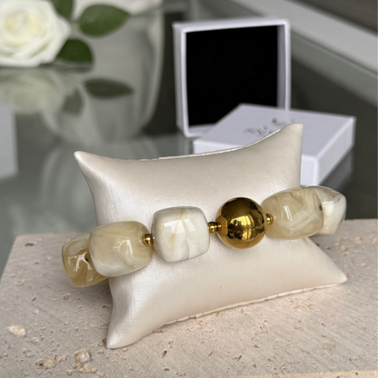 BLANCHE - Bracelet en perles acrylique et acier Inoxydable Doré – effet marbré