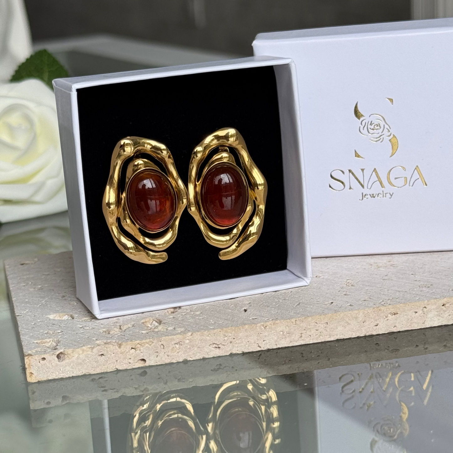 ARBIA - Boucles d'oreilles en acier Inoxydable doré ambré