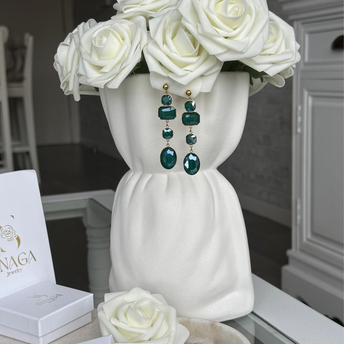 JASMINE - Boucles d'oreilles pendantes en acier Inoxydable doré - vert