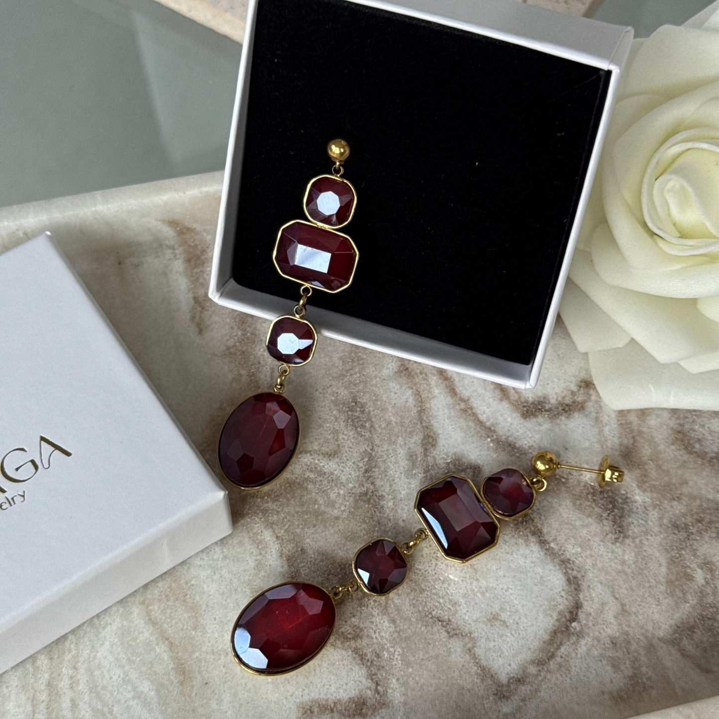 JASMINE - Boucles d'oreilles pendantes en acier Inoxydable doré - rouge