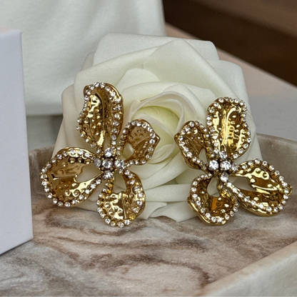 MYA - Boucles d'oreilles en acier Inoxydable doré et strass - forme fleur