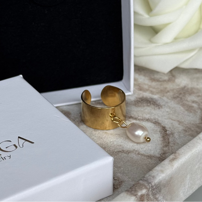 CORALIE - Bague large en acier Inoxydable doré et perle de nacre