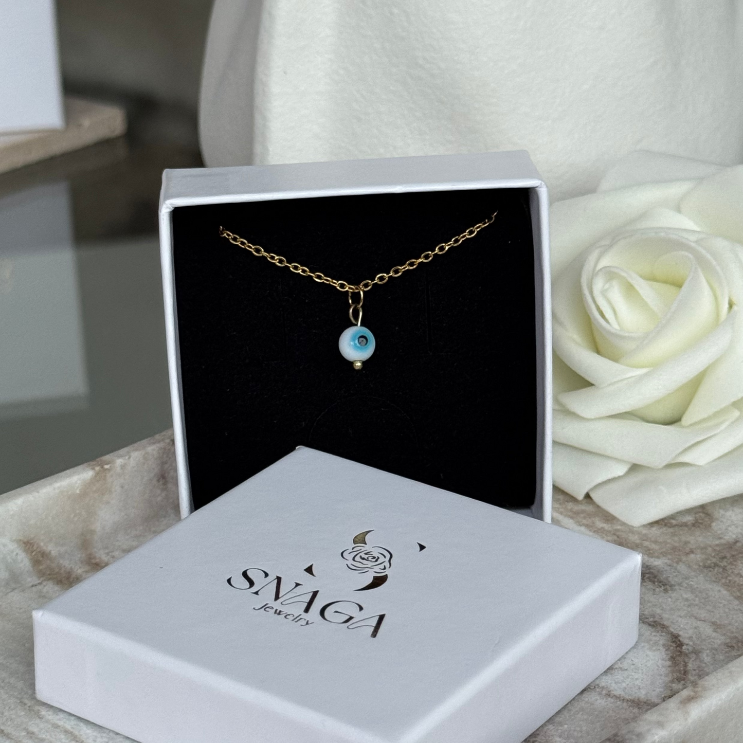 ELENA - Collier création en acier Inoxydable doré et perle œil de protection